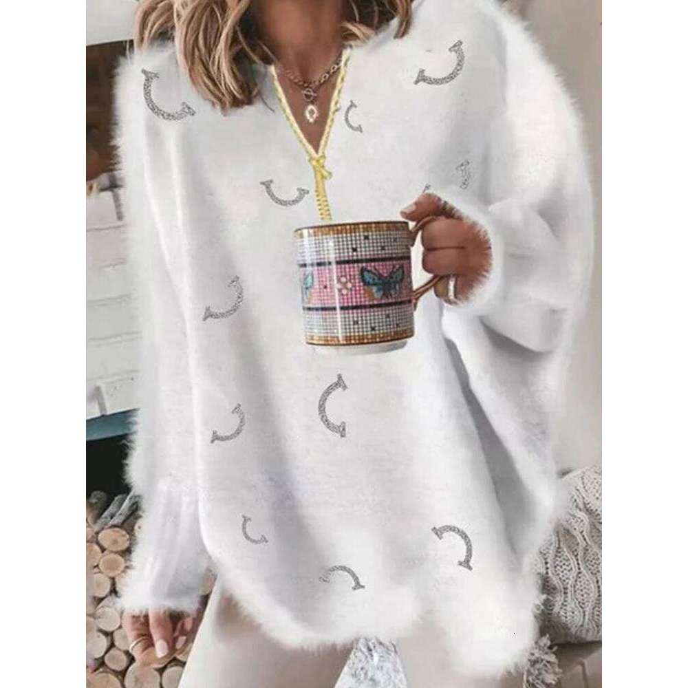 Women's V Neck Long Sleeve Sweater Casual Loose Fit Pullover Sexy Zipper Warm Knit Printed 2025 Fashion Trend For Women Designer Sweater Women Be