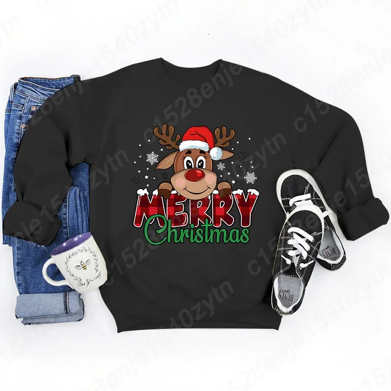 Womens Festive Christmas Reindeer Plaid Graphic Sweatshirt Casual Loose Fit Long Sleeve Crew Neck Sweatshirts for Winter 251030