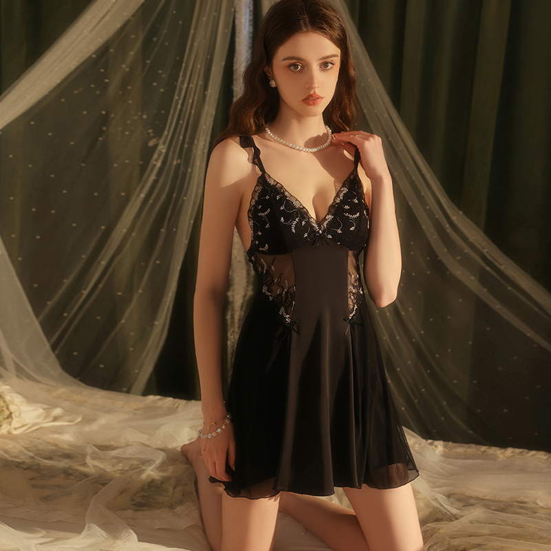 Sexy lace hollow-out camisole nightdress satin embroidery sheer alluring nightgown women's see-through sexy clothing, Valentine's Day and Ch