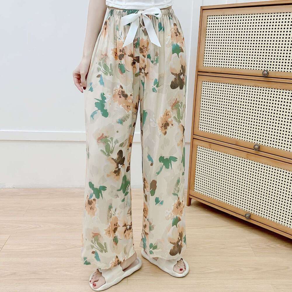 Silk Pajama for Women, Summer New Style, Internet Celebrity Artificial Cotton Thin Casual Pants, Wearable Outside, Floral Large Size Home Pants