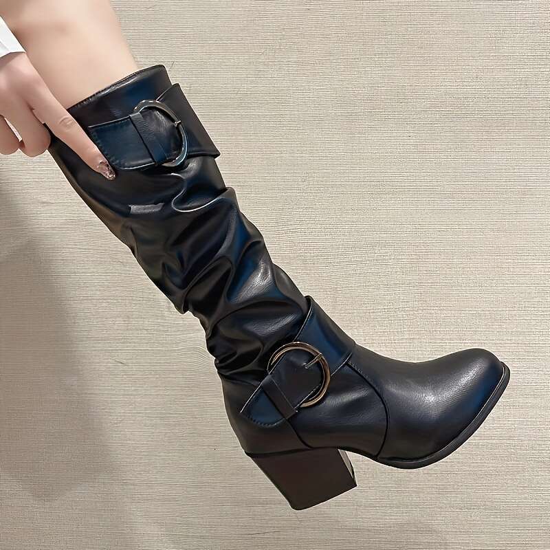 New European American Thick-Heeled High-Top Fashionable With Belt Buckle, Knee-High Long Boots For Women, Spring, Autumn And Winter