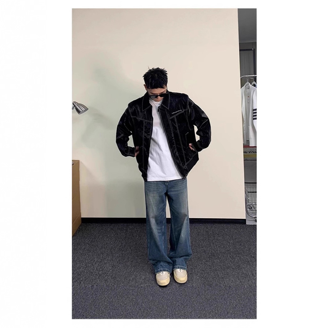 High-end Liquid Designer Coat Glossy Padded Shoulder Leather Jacket For Men Autumn New Trendy Loose Fit Versatile Coat