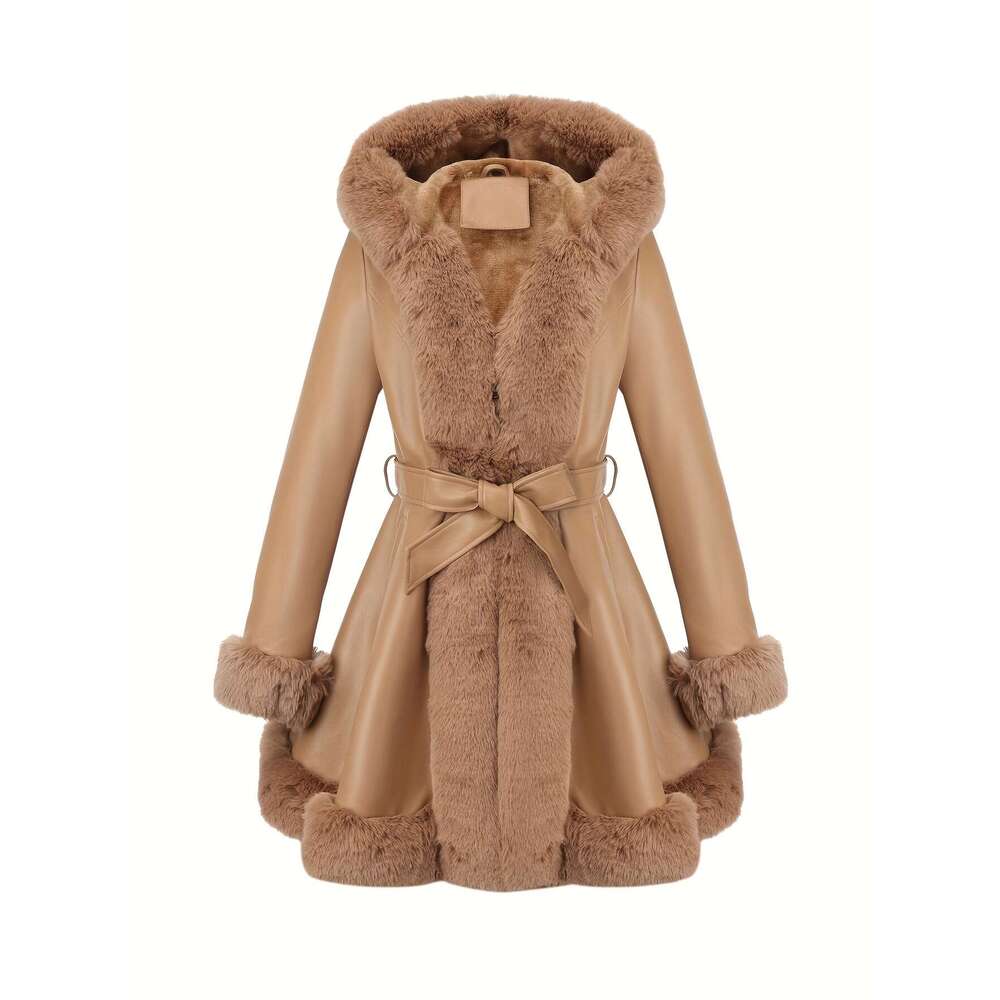 Women S Elegant Long PU Leather Hooded With Faux Fur Trim A Line Silhouette Brown Perfect For Fall Winter Stylish And Versatile Belt Detail Non Stretc