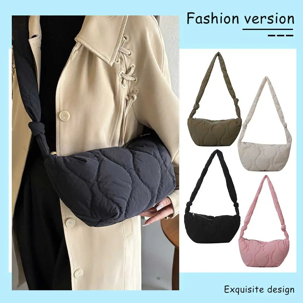 Female Puffer Shoulder Bag Trendy Soft Down Cotton Pillow Shopper with Zipper Quilted Simple Crossbody for Teenage Girls 251018