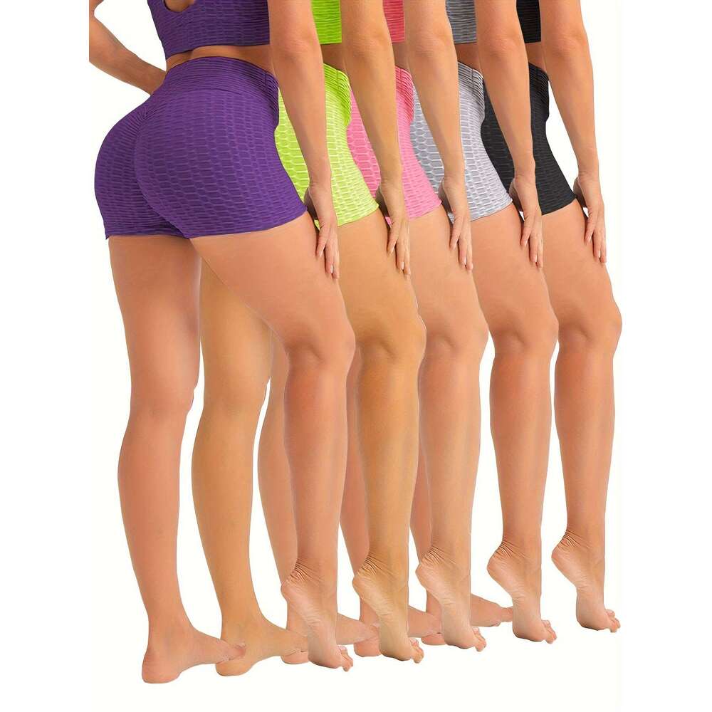5-Pack High Waist Textured Peach Lift Yoga Shorts, Stretchy Gym Bubble Workout Shorts for Women, Quick-Dry Fiess Sports Activewear, Assorted Colors