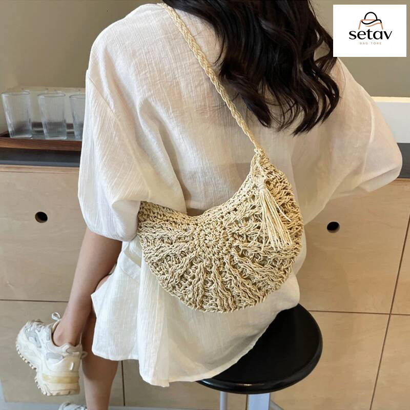 Luxury Handbag Half Round Straw For Women Summer Beach Rattan Shoulder Bag Zipper Woven Crossbody Handbags Bohemia Vacation Handbag