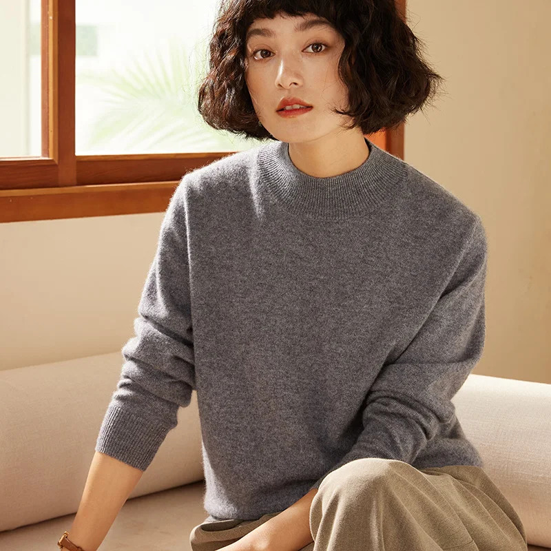 2025 AutumnWinter Womens Sweater 100 Cashmere Half High Neck Knitted Hoodie Solid Color Casual Top 251016