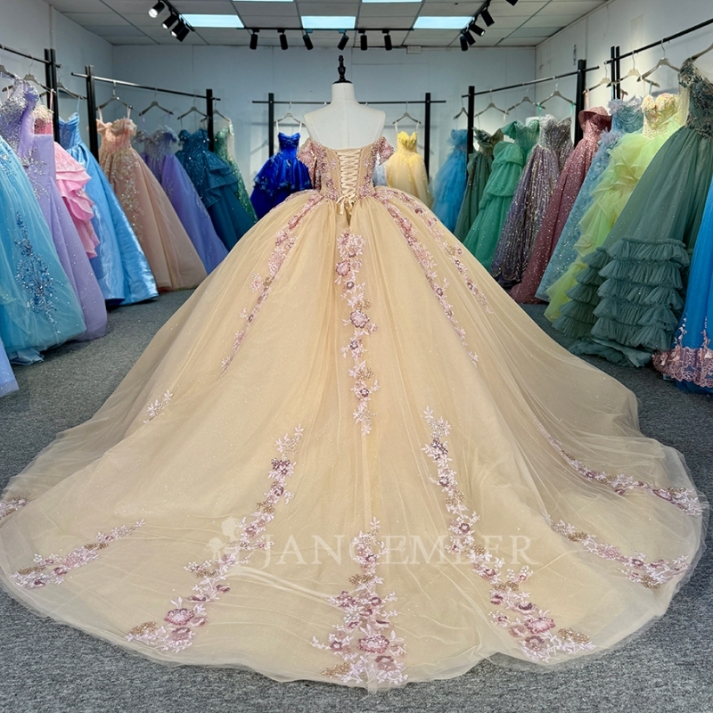 Champagne Shiny Quinceanera Dresses Off The Shoulder Sequin Applique Lace Beading Tull Party Birthday Sweet 16 Dress Vestido