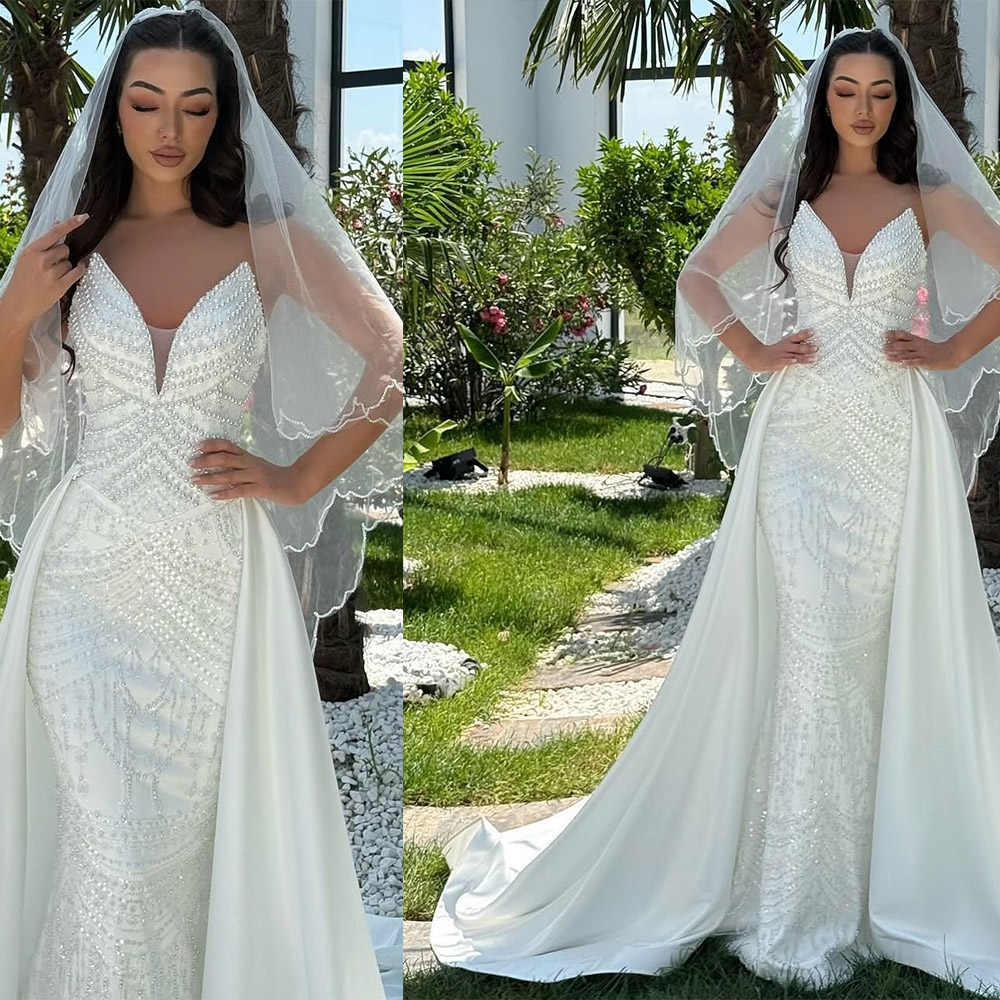 Elegant Mermaid Wedding Dress Sweetheart Neck Sleeveless Bridal Gowns Sequins Pearls Detachable Train Dresses Custom Made vestidos de novia