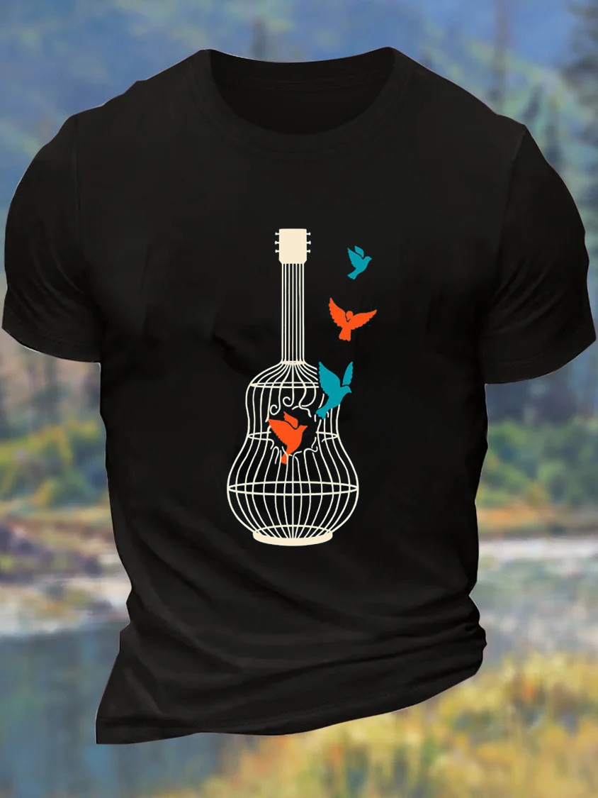 European & American Oversized Men's Guitar Birdcage Print Crew Neck Casual Cotton Letter T-Shirt - TT7453