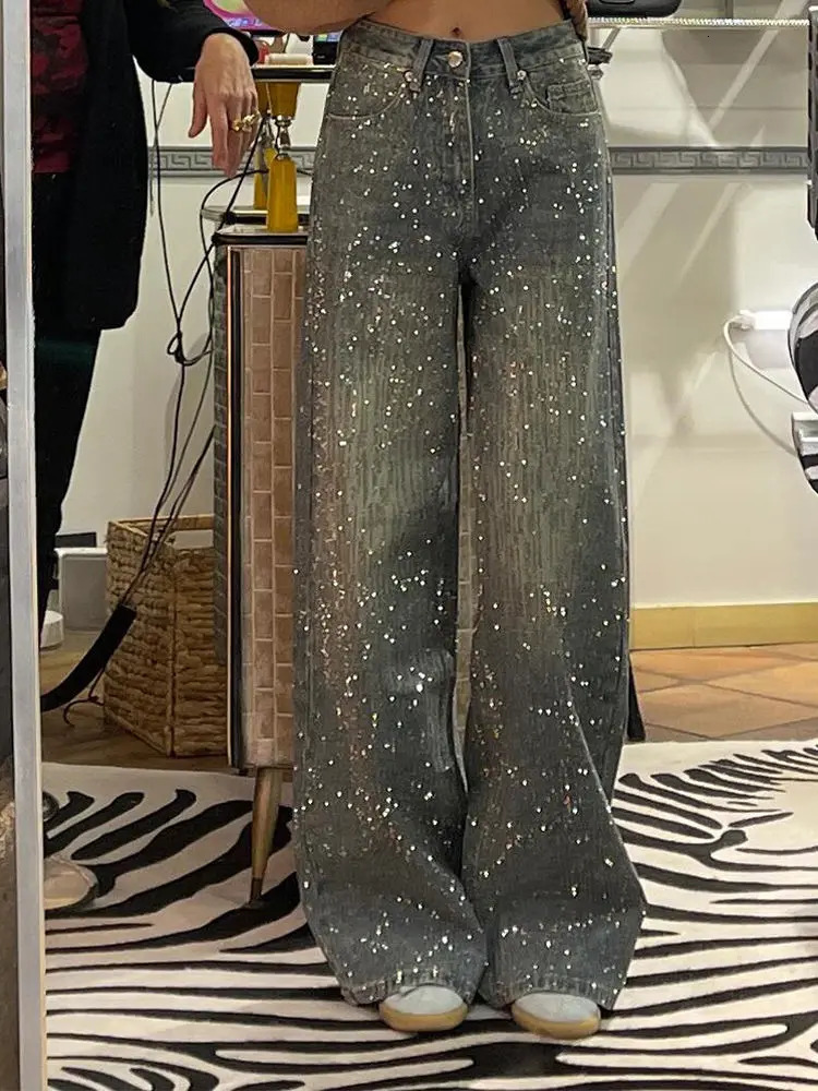 American Fashion Rhinestone Straight Leg Wide Jeans Trendy Vintage Loose Jeans Harajuku Style Hip Hop Pants Baggy Jeans Women 251029