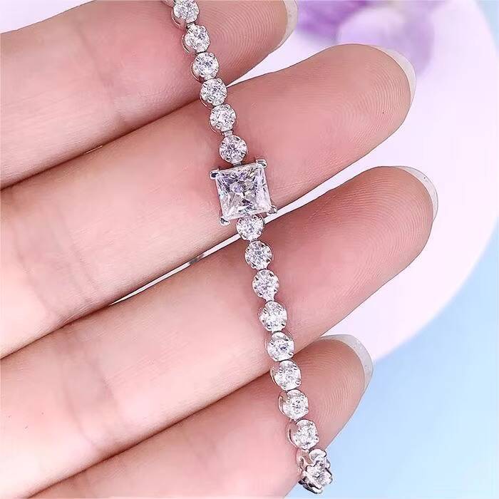 Minimalist Womens Trendy Luxury Moissanite Tennis Chain 925 Sterling Silver Bracelet