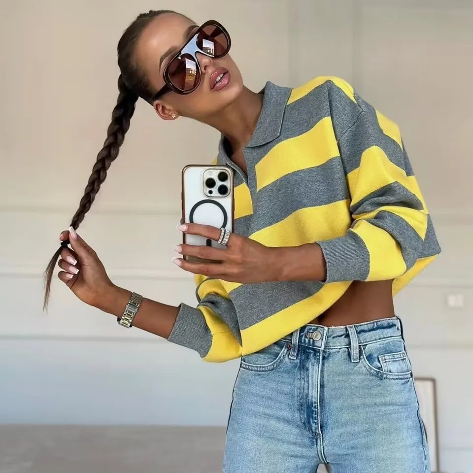 YENKYE 2025 Women Striped Knit Polo Neck Sweater Long Sleeve Casual Loose Autumn Pullover Tops 251016