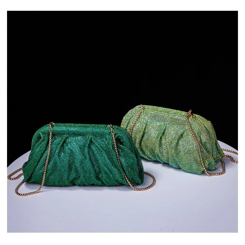 Premium Handmade Diamondencrusted Clutch Bag Pleated Chain Rhinestone Cloud Clip Dinner Bag Single Shoulder Oblique Span Bolsos 251023