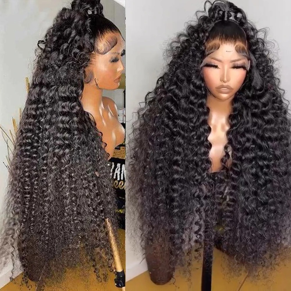 Black Curly Human Hair Wigs 13x4 HD Lace Front Wigs Deep Water Wave Lace Frontal Wigs Brazilian Hair Preplucked Ready To Wear Heat Resistant Synthetic