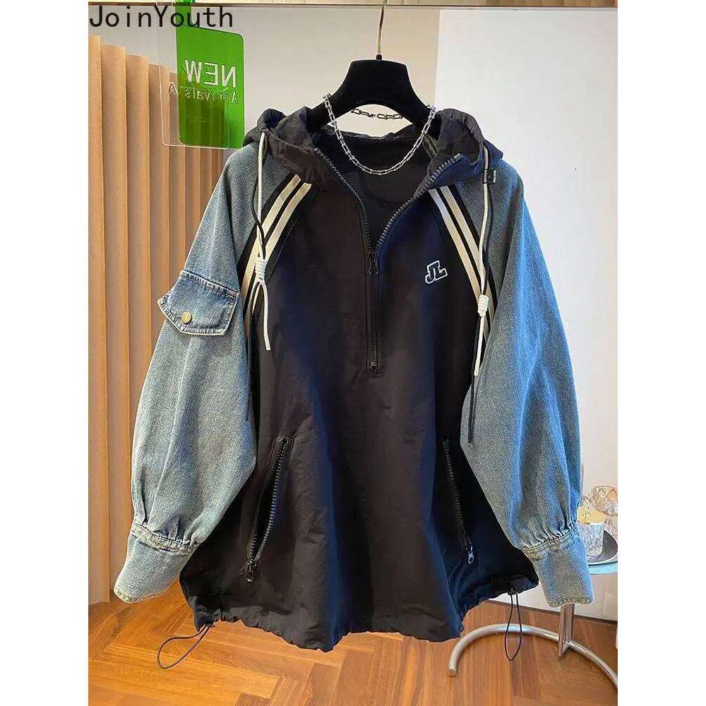 Oversized Sweatshirts For Women Patchwork Denim Streetwear Y2k Tops 2025 Ropa Mujer Hooded Contrast Color Vintage Hoodies