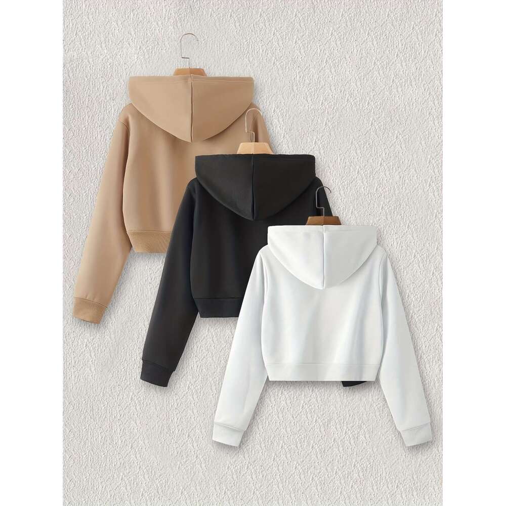 Casual Fashion Short Hoodie Zipper Cardigan Sweatshirt Set For Spring Autumn Winter Available In Three Colors Beige Black And White