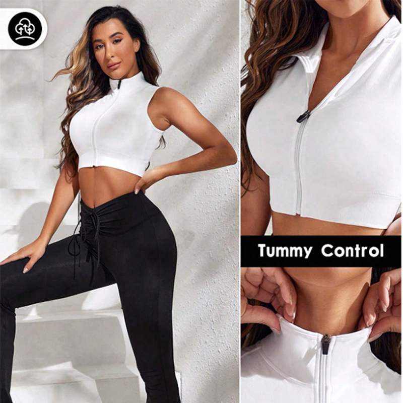 Cycling Fitness Wear Running Tops Tank Tops Sports Outdoor Quick Dry Base Layer Yoga Wear Stylish Stand Collar Front Zipper Design Wide Hem