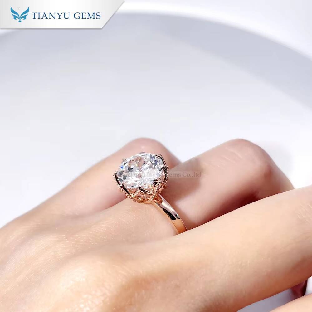 Tianyu Gems 9mm 3CT Round OEC Cut Moissanite Ring Vintage Tulip Milgrain 10k 14k 18k Rose Gold Wedding Engagement Women Rings