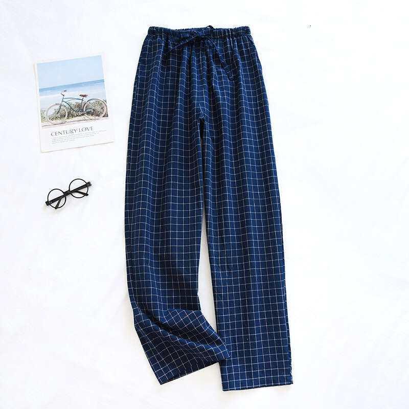 Washed Men's Pajama Long Pure Cotton Spring Autumn Summer Thin Plaid Home Pants Loose Fit Large Size
