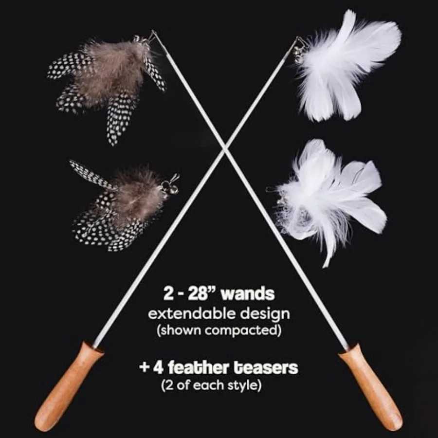 Cat Wand Toy Set 2 Feather Teaser Wands with 4 Interchangeable Refills 27 ible Wire Wooden Handle Interactive Play for Indoor C S251029{category}