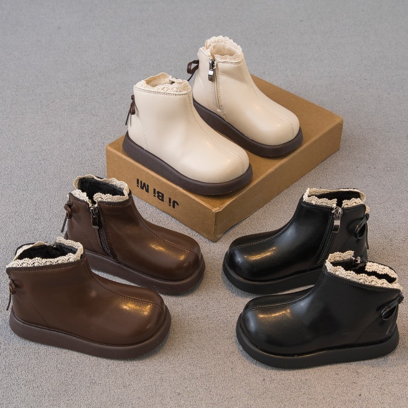 New fashionable girls' leather boots with wool lining, warm cotton boots, children's baby short boots, children's Martin boots, trendy 