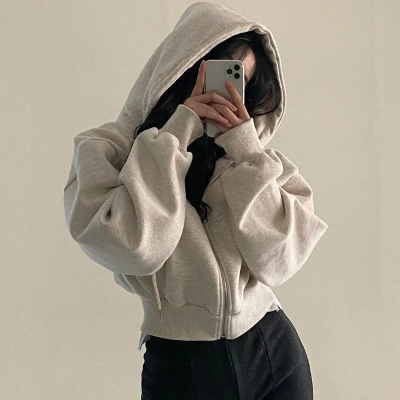 Casual Hood Sweatshirt Women Y2K Zip Up Hoodies Solid Harajuku Long Sleeve Shirt Crop Tops Female Loose Jackets Coat 251030