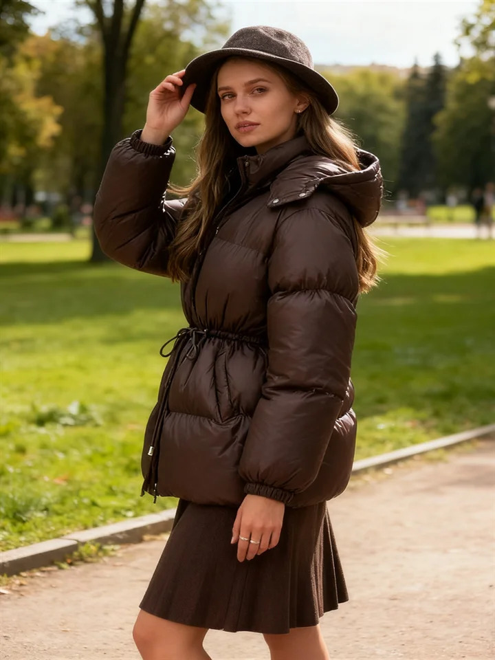 Glossy Shiny Women s Down Jackets Vintage Hooded Zipper Puffer Full Sleeve Jackets For Woman 2025 Woman Winter Coats Outwears 251030