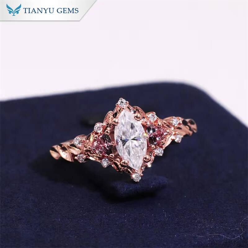 Tianyu Shining Brilliance Custom Fine Jewelry 4x8mm Marquise Moissanite Diamond Solid Gold 10K 14K 18K Engagement Ring