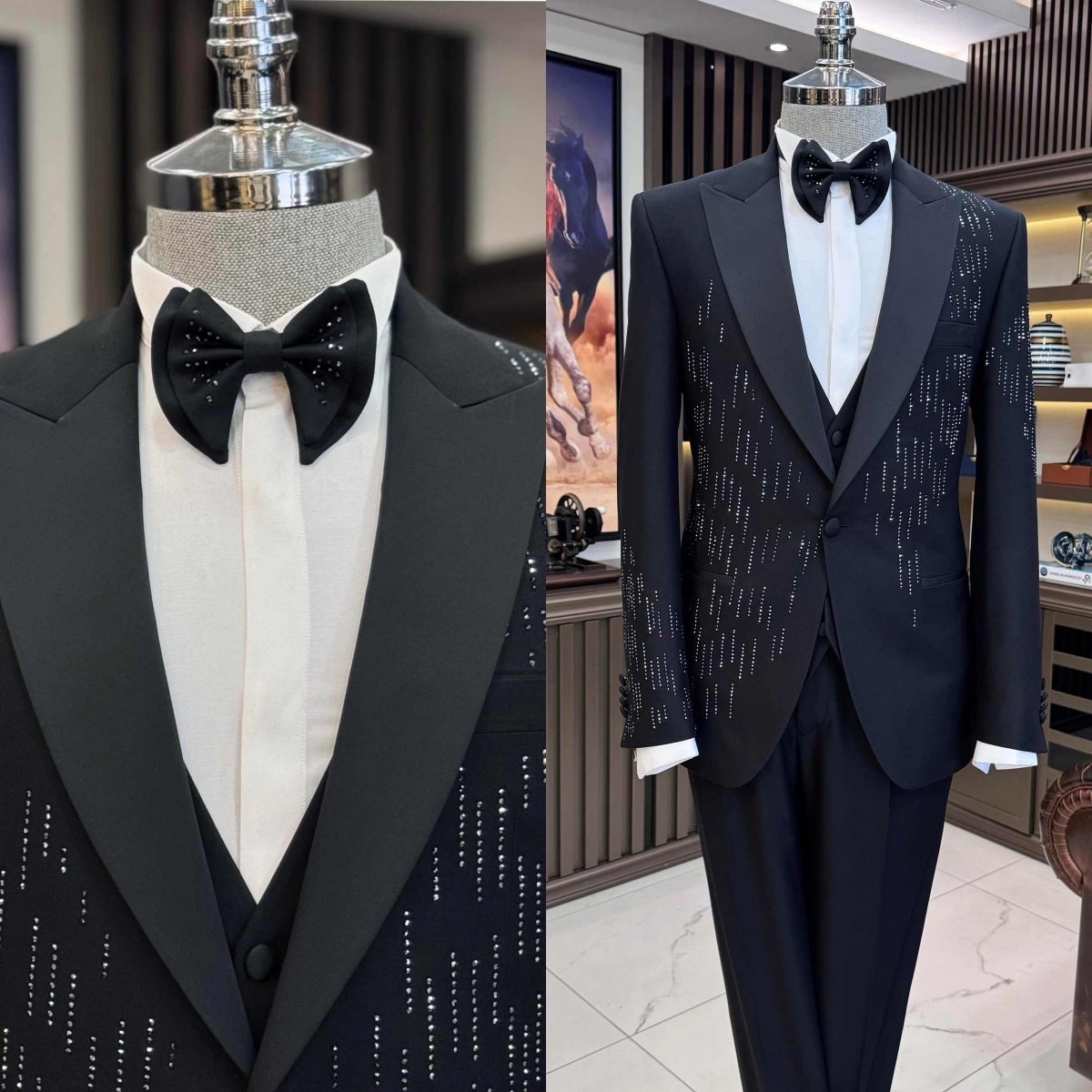 Handsome Crystals Suits For Men 2 Pieces Peaked Lapel Single Breasted Jacket Blazers Business Occasion Custom Made