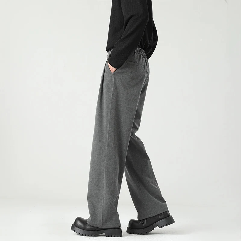 Autumn Mens Black Gray Suit Pants Loose Straight Drape Solid Color Elastic Business Work Casual Trousers Fashion Clothing 251028