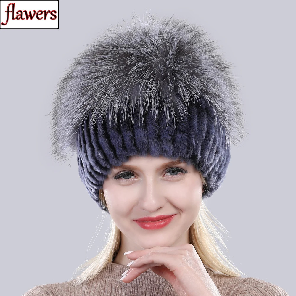 Good Elastic Natural Fluffy Silver Fox Fur Hat Winter Women Knitted Real Rex Rabbit Fur Hats Lady Real Fur Cap Wholesale 251028