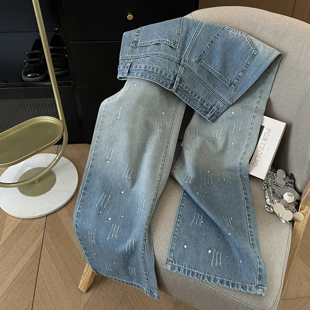 Fashion Women Gradient Blue Diamond Studded Jeans High Waist Straight Leg Denim Pants Spring Autumn Chic Female Trousers 251029