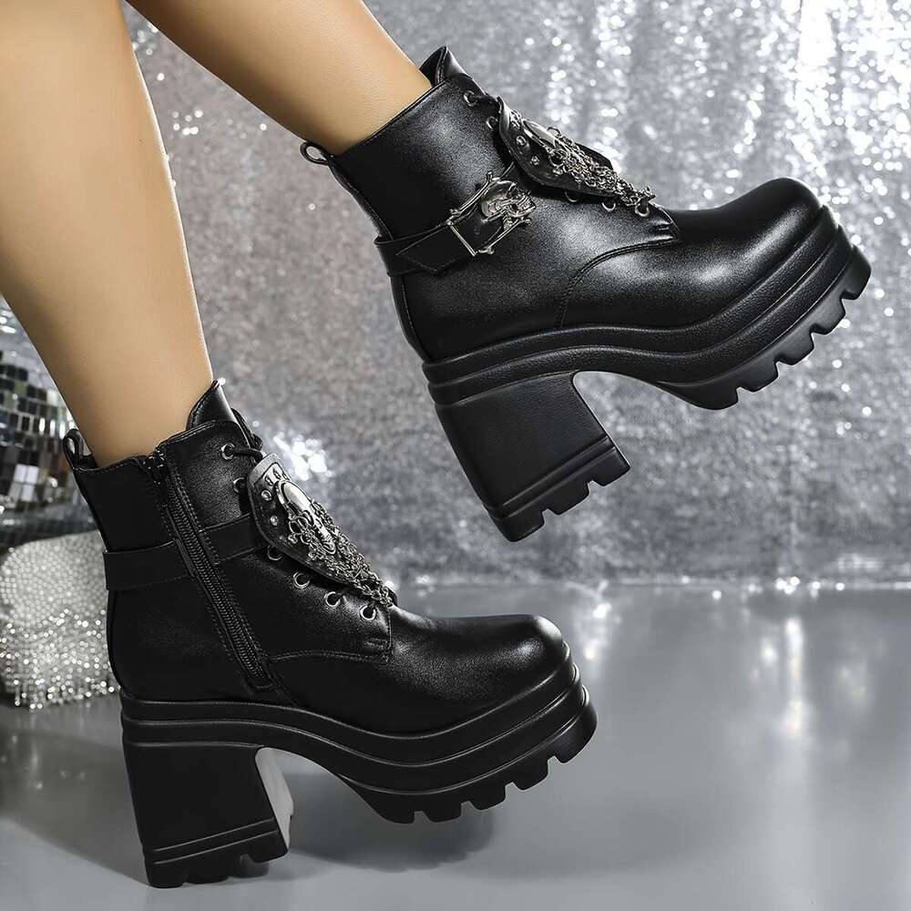 Black Platform Gothic Boots For Women Chunky High Heeled Combat Ankle Boot Lace Up Zipper Punk Short Booties