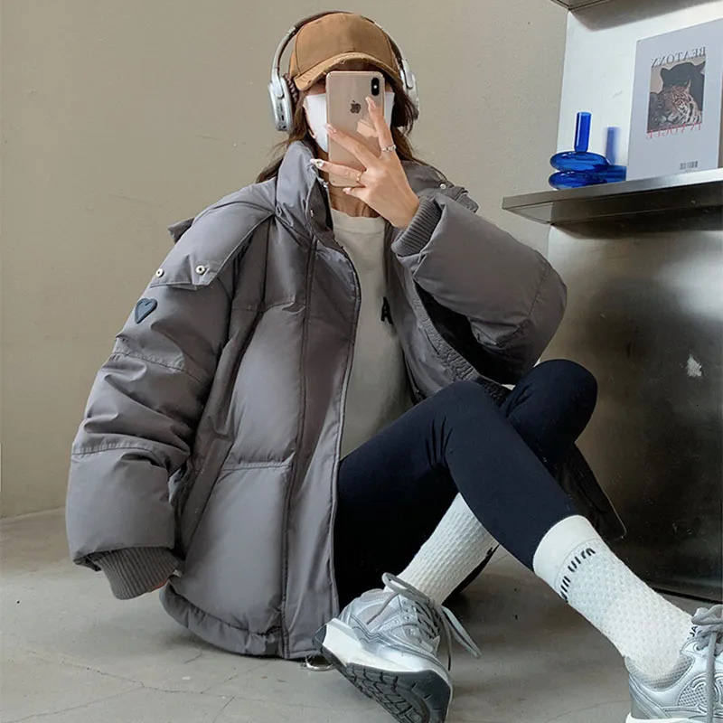 Korean Heart Shaped Short Down Cotton Jacket Women Harajuku Winter Couple Bread Style Outerwear Casual Thick Warm Hooded Parkas 251030