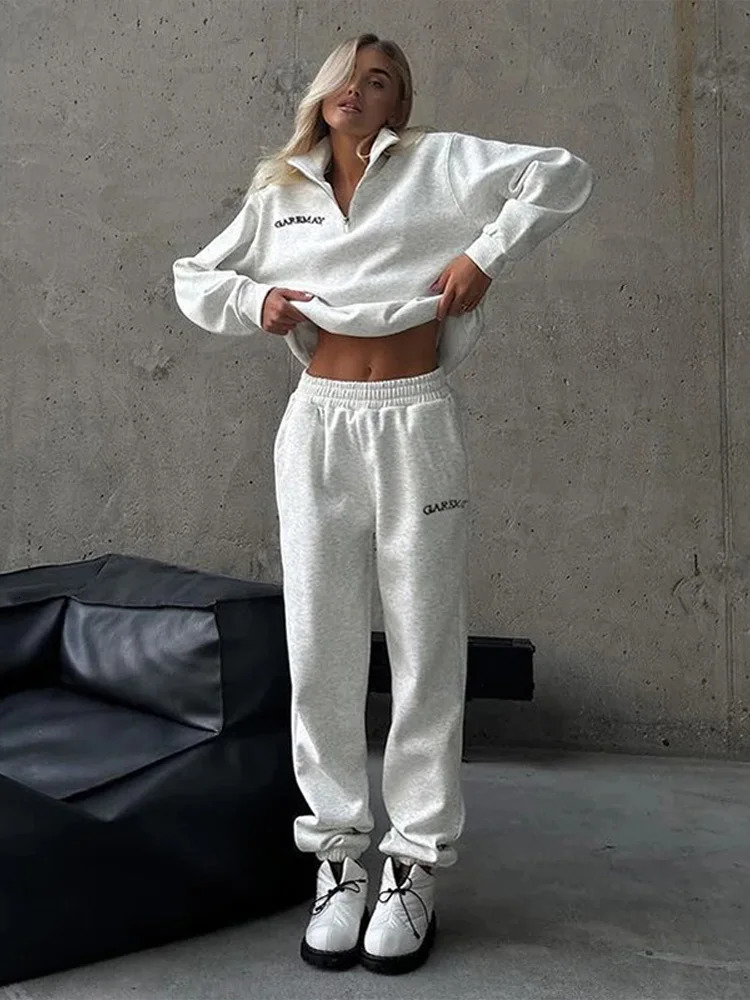 Fashion Womens Tracksuit Zipper Cotton Oversize White Casual Classic Sports Trouser Suits Spring Summer 2 Piece Set Women 251029