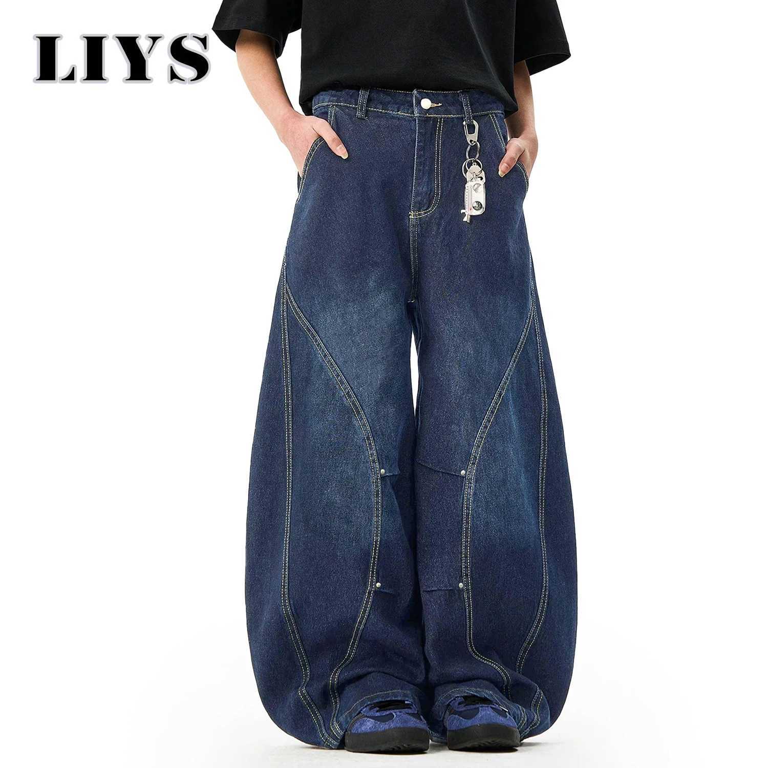 Mens American Retro Blue Loose Machete Wide Leg Jeans Unisex Baggy Straight Leg Sickle Denim Pants Deconstructed Balloon Pants J2510301