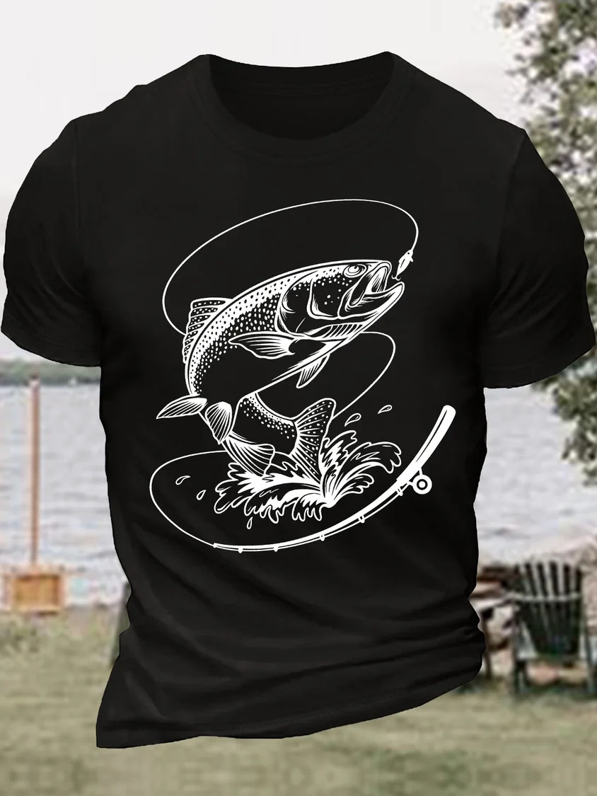 European & American Oversized Men's Funny Fishing Print Father's Day Gift Cotton Casual Letter T-Shirt - TT7301