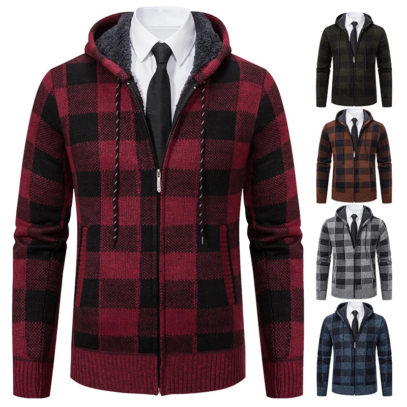 Autumn Winter Mens Cardigan Fashion Plus Velvet Padded Knit Jumpers Male Sweater Hooded Plaid Korean Coat 251017