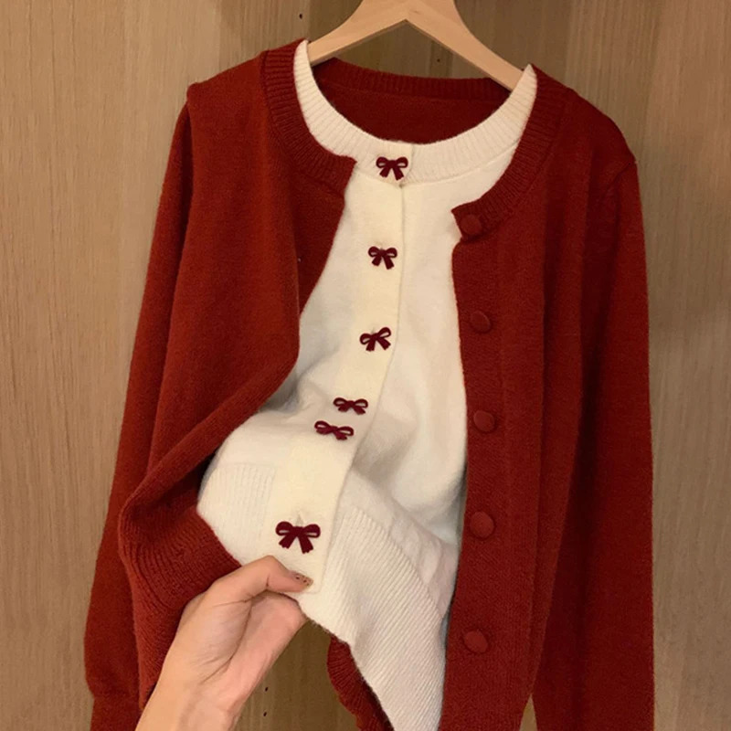 TwoPiece Bowknot Red Cardigans Women Korean Round Neck Long Sleeve Sweater Coats Woman Christmas Knitted Ladies 251028
