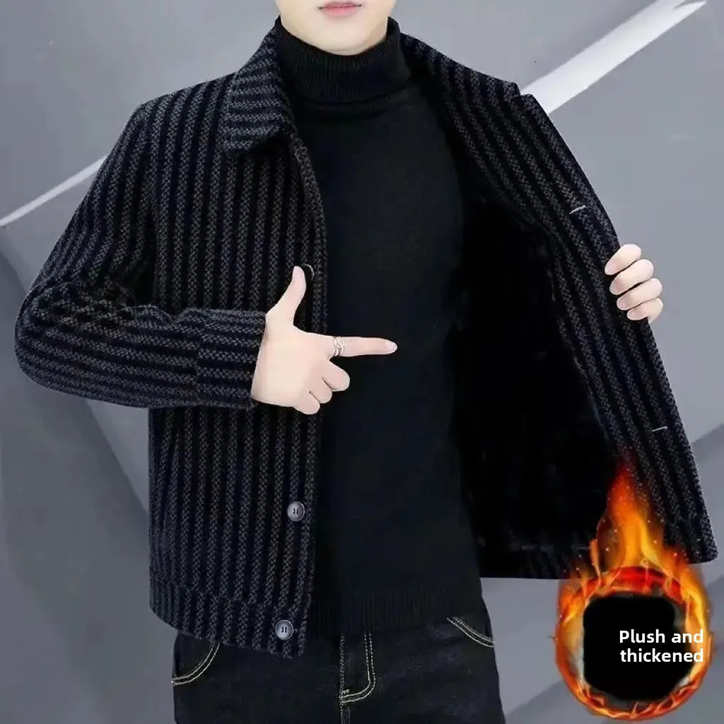 HighEnd Versatile Mens Warm Coat Thick Autumn Winter Turndown Collar Stripe Woolen Outerwear Jacket 251029