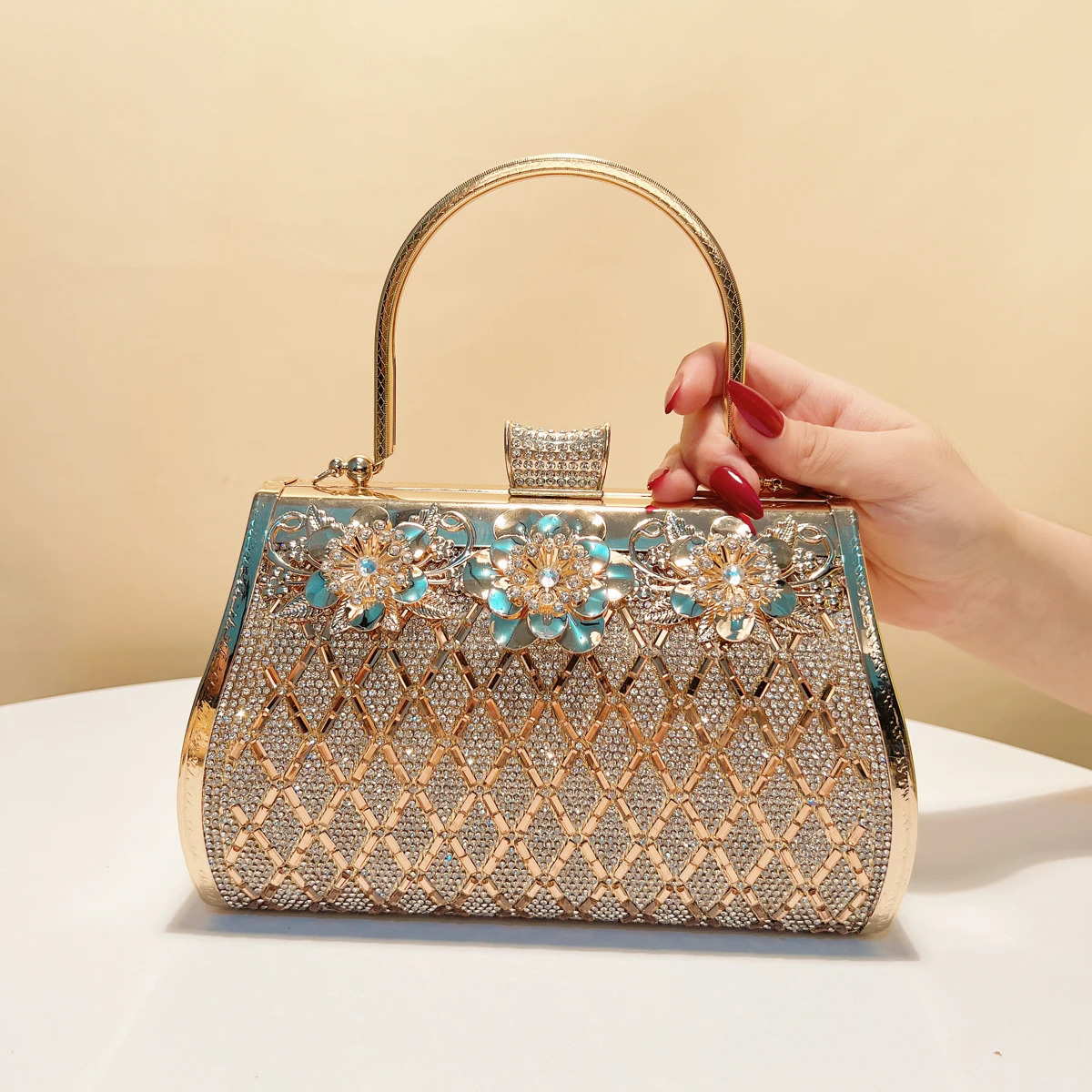 Bucket Women Clutch Bags Golden Metal Acrylic Evening Bags Box Holder Rhinestones Glitter Handbags Purse 251023