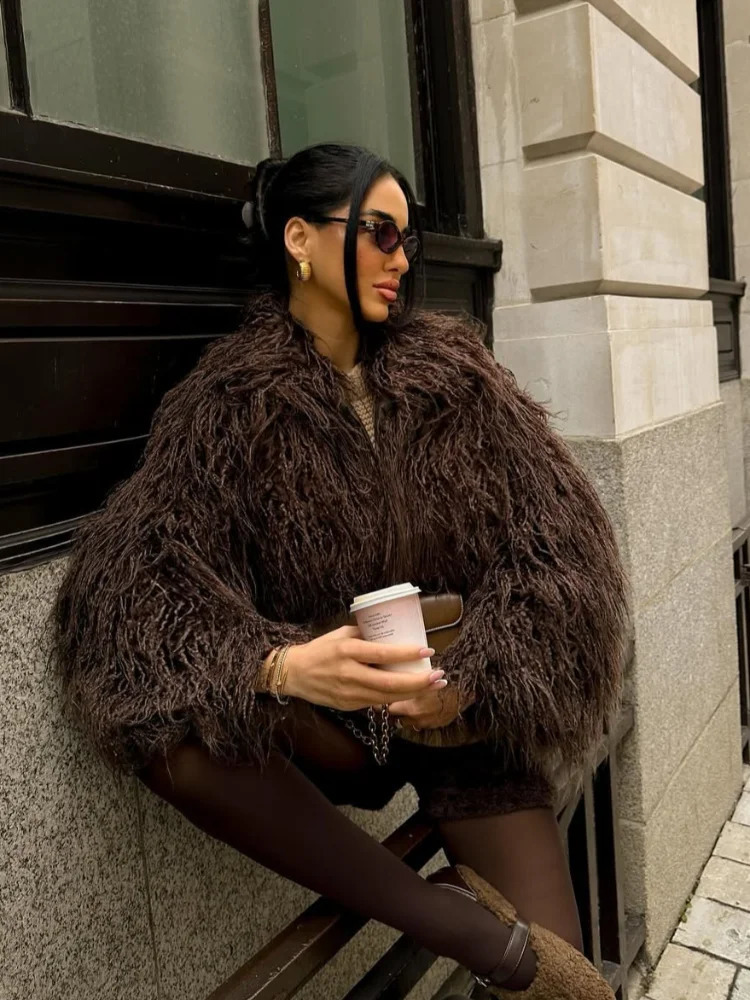 Women Solid Color Short Fur Jacket Casual Fashionable Round Neck Loose Chic Outerwear Winter Daily Highstreet Jackets 251029