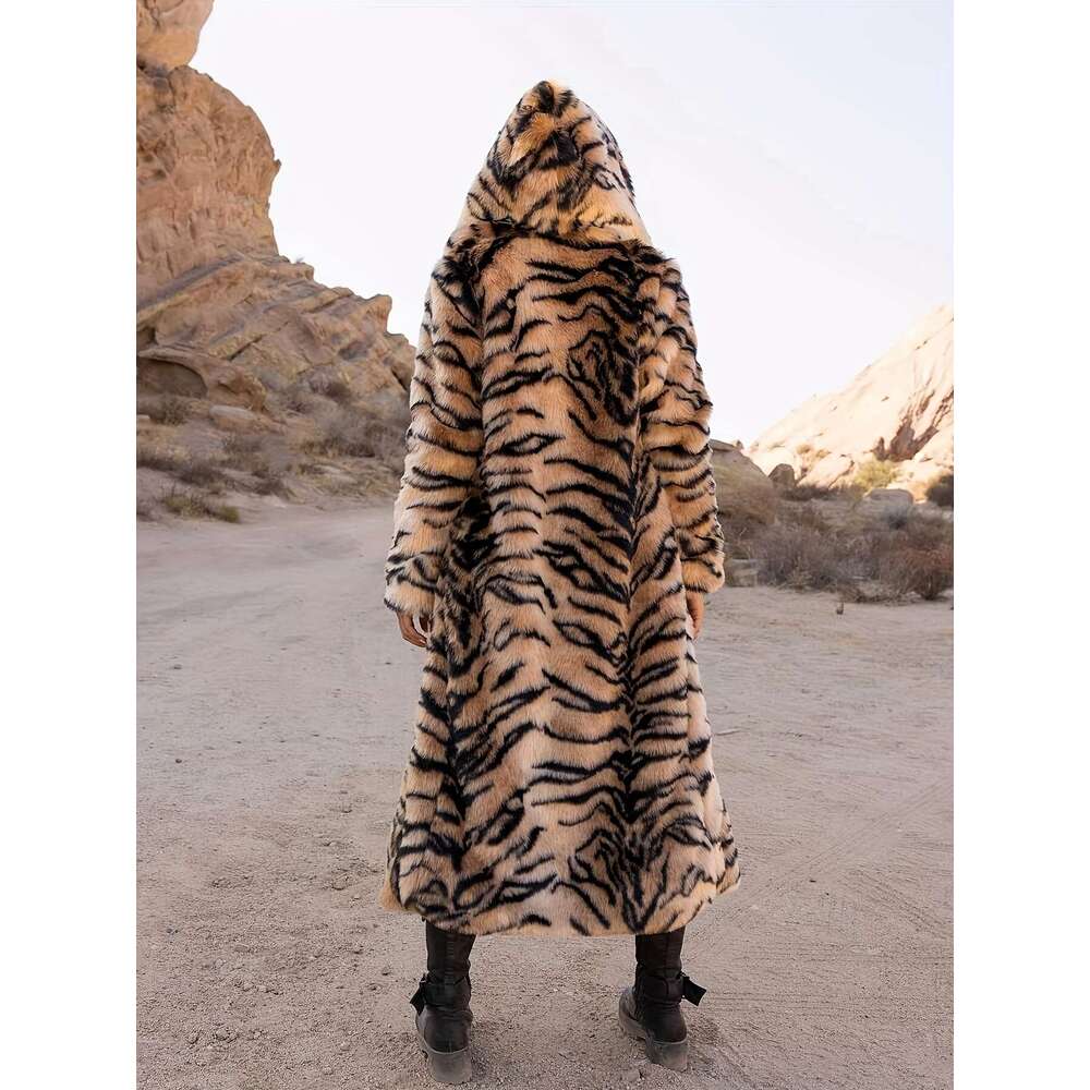 Women S Elegant Leopard Print Hooded With Faux Grass Lining Long Winter Warmth Slim Fit Tailored Outerwear Single Breasted Closure Luxurious Fur Like 