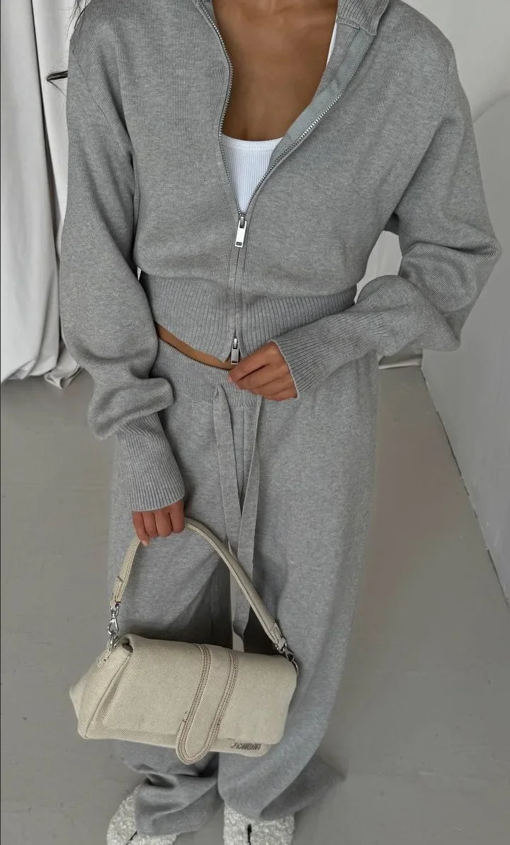 Women Cotton Knitted Cardigan Wide Leg Pants Suit Autumn and Winter Lady Fashion Loose Daily Office Jacket Straight Pants 2Pcs 251028