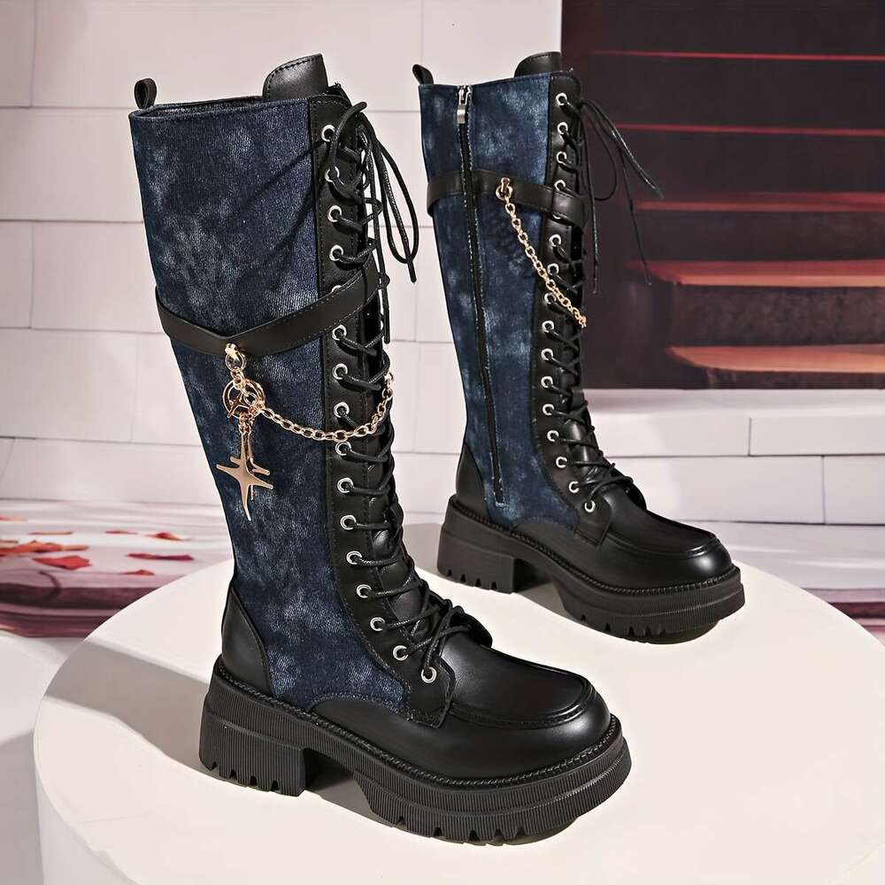 Women's Winter New Solid Color Patchwork Lace-Up Star Metal Chain Side Zipper Thick Sole Chunky Heel Knee-High Boots Fashion Versatile Casual Hig