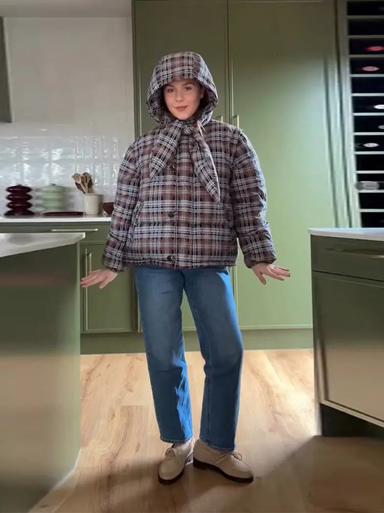 Cute Womens Plaid Padded Jacket Lapel Cotton Coat Winter Warm Oversized Full Sleeve Checked Outerwear 2025 High Street Outfit 251112