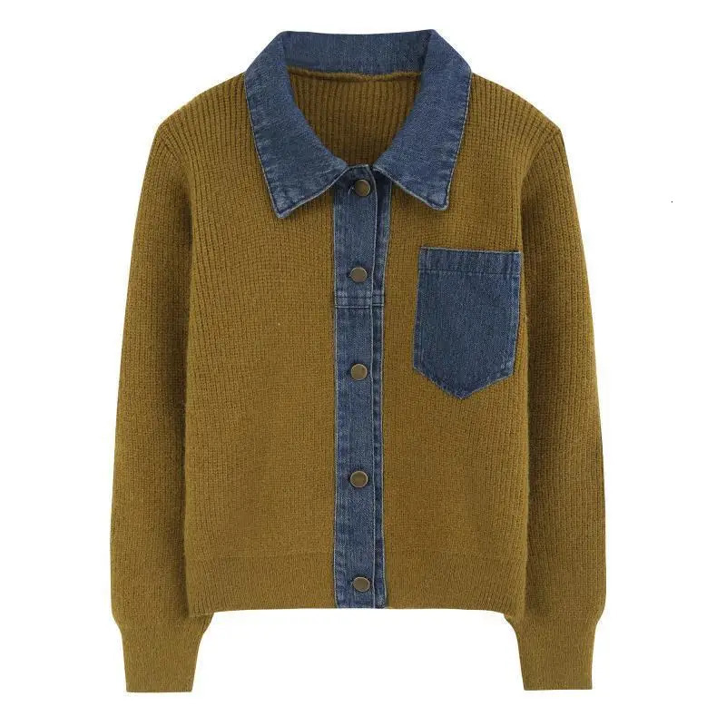 n autumn and winter PoIol collar splicing denim knitted cardigan sweater womens loose and slimming fashion jacket 251029
