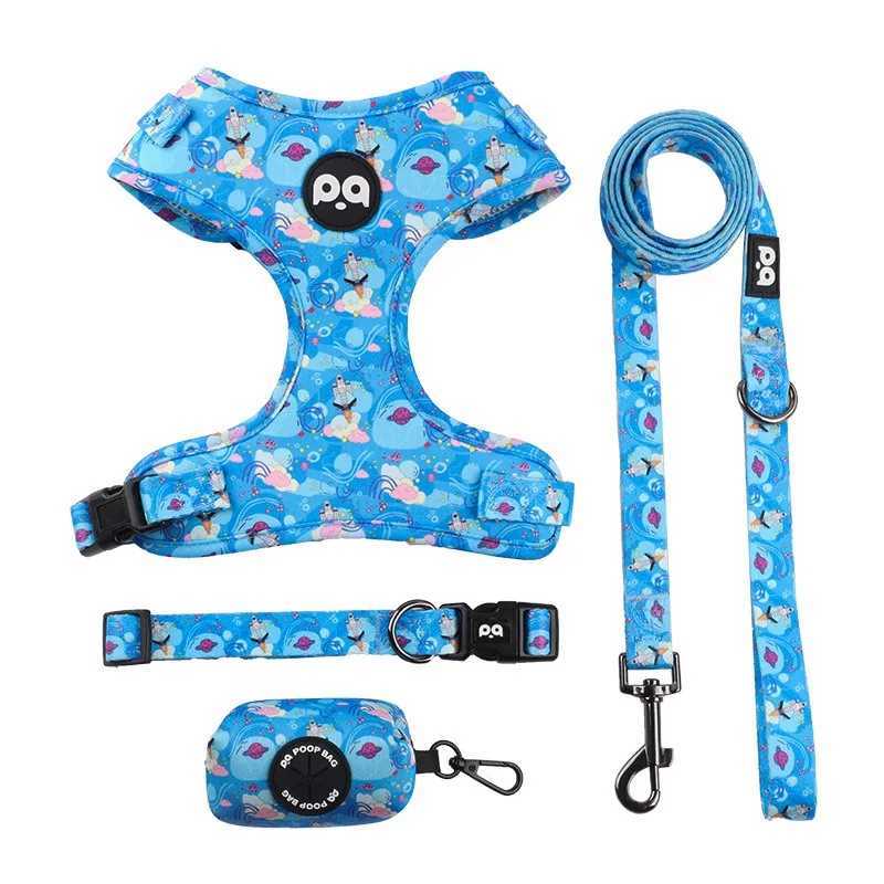Dog harness collar leash bracket with poo bag 4 sets adjustable nonpull soft net cushion back heart combination J251129