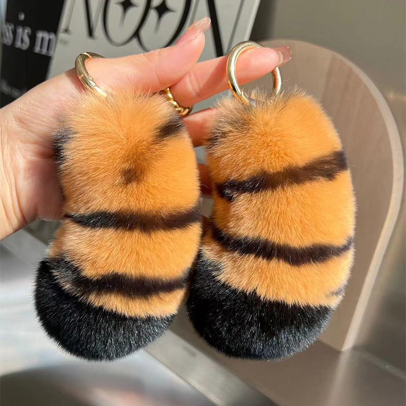 Lovely Tiger Tail Rex Rabbit Fur Car Keychain Plush Decoration for Women's School Bags